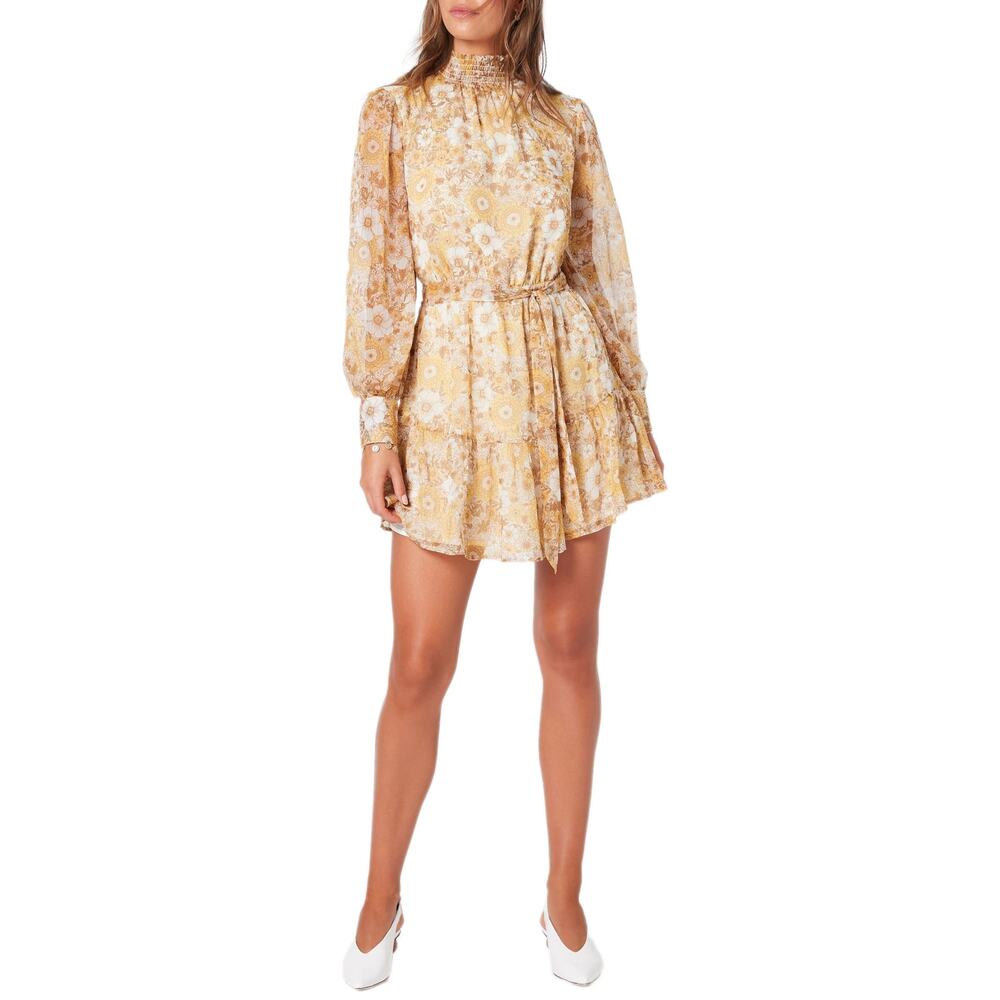 Minkpink 'Dacey' Tan Chiffon Blooms Smocked Ruffle Mini Dress Size S